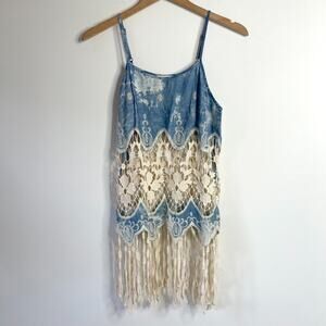 Sheer Crochet Lace Fringe Festival Top Medium Cotton Boho 70s Western Layering